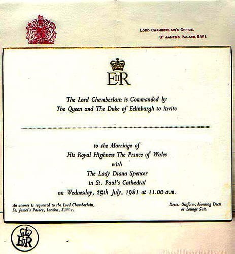Convite de casamento de príncipe Charles e princesa Diana