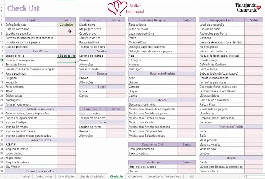 Planilha De Organização Geral Do Casamento Planejando Meu Casamento 1739